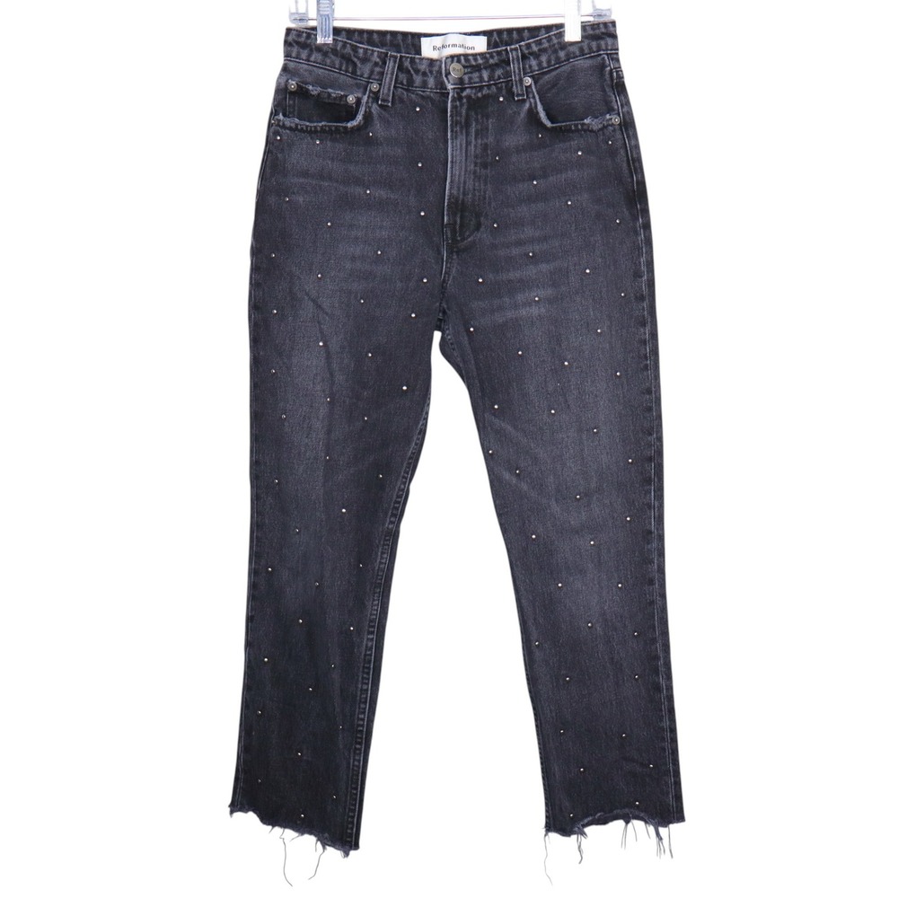 Reformation Harley Studded Jeans Size 28 Black Distressed Hem Straight Leg